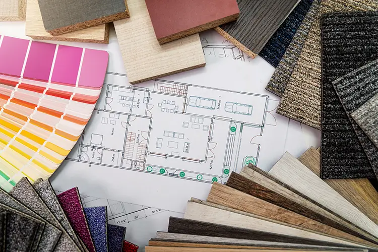 Floor plan surrounded by textures, materials, color swatches